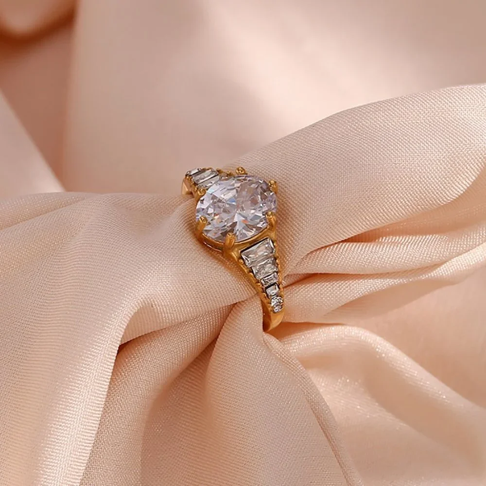 Luxury Crystal Zircon Adjustable 18K Gold Plated Stainless‎ Steel Ring